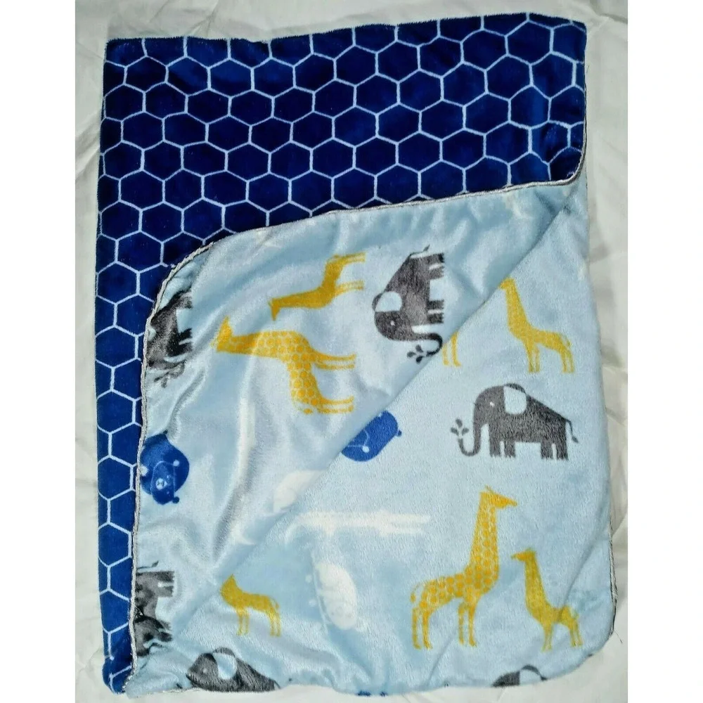 SL Home Fashions Blue Blanket Animals Honeycomb Baby Boy Silky RN 119741